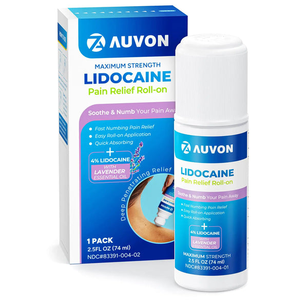 AUVON Max Strength Lidocaine Pain Relief Roll-On with Lavender Essential Oil No Mess Applicator Quick Absorbing to Numb & Soothe Pain Relief for Knee Shoulders FSA Eligible 2.5 OZ 1 Pack